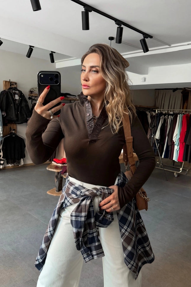 Brown Button-Collar Long Sleeve T-Shirt