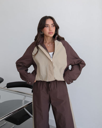 Brown Snap-Button Jacket Trousers Parachute Set