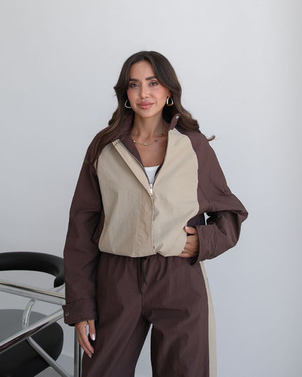 Brown Snap-Button Jacket Trousers Parachute Set