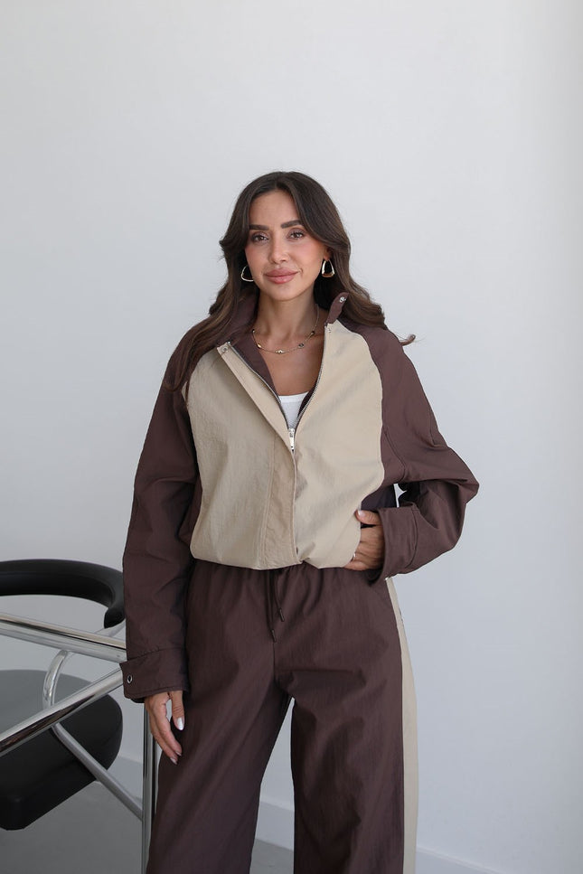 Brown Snap-Button Jacket Trousers Parachute Set