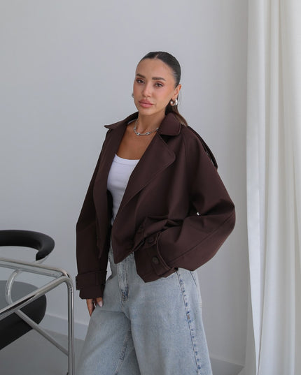Button Pleated Short Trench Coat - Brown