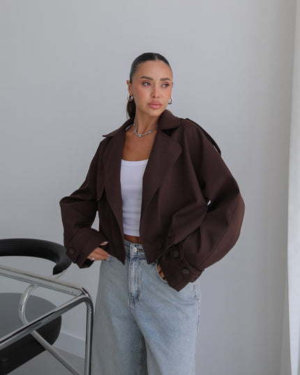 Button Pleated Short Trench Coat - Brown