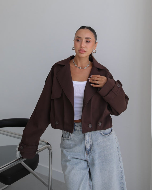 Button Pleated Short Trench Coat - Brown