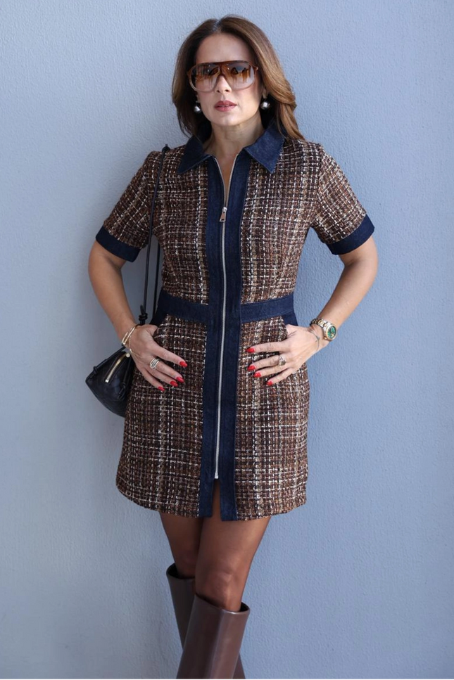Vano Tweed Dress with Denim Detail - Brown