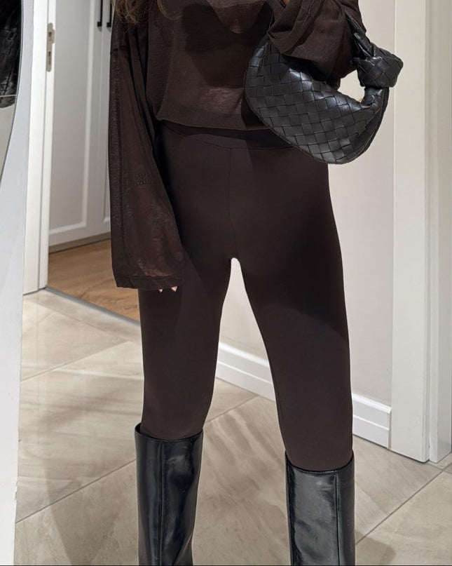 Comfortable Brown Heel Strap Leggings: Elastic Waist, Soft Polyester Blend