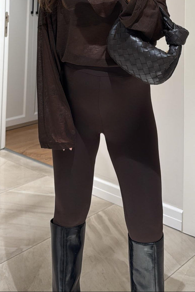 Comfortable Brown Heel Strap Leggings: Elastic Waist, Soft Polyester Blend