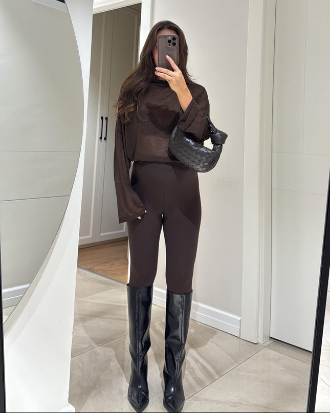 Comfortable Brown Heel Strap Leggings: Elastic Waist, Soft Polyester Blend