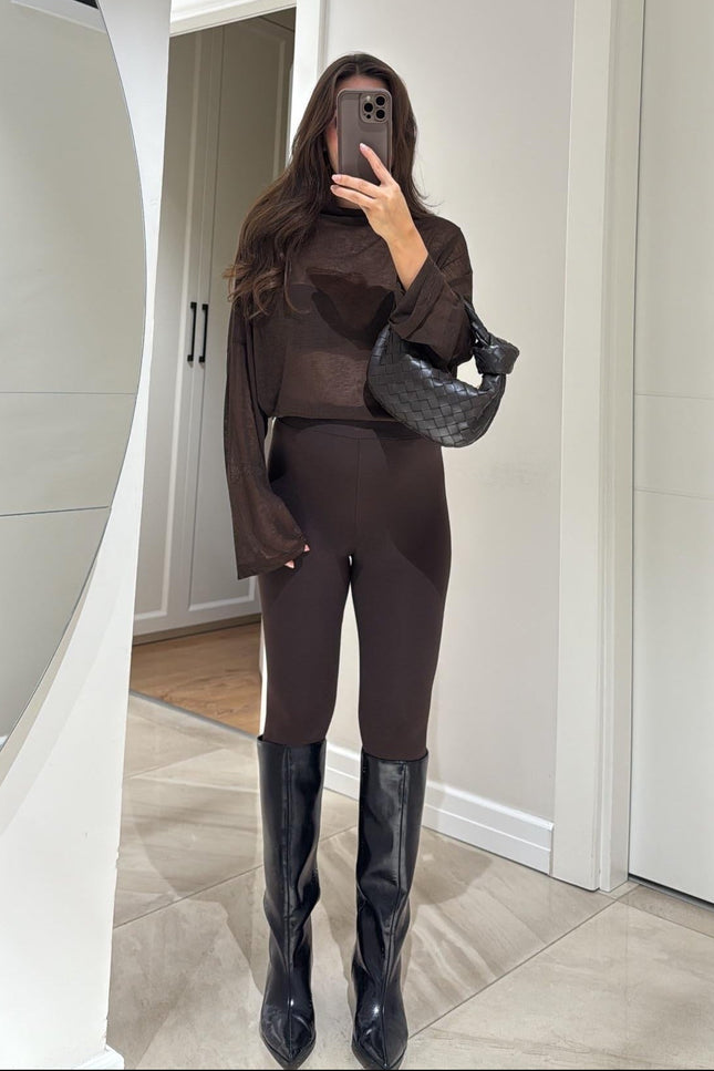 Comfortable Brown Heel Strap Leggings: Elastic Waist, Soft Polyester Blend