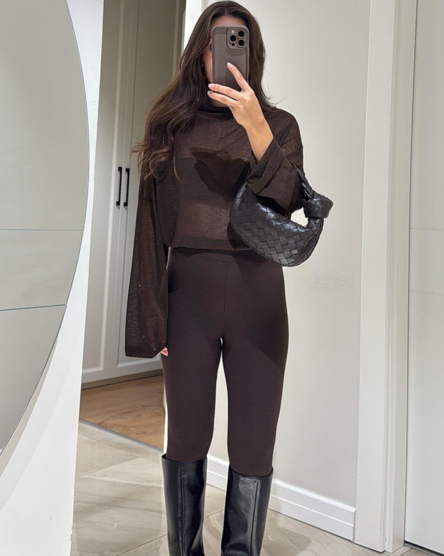 Comfortable Brown Heel Strap Leggings: Elastic Waist, Soft Polyester Blend