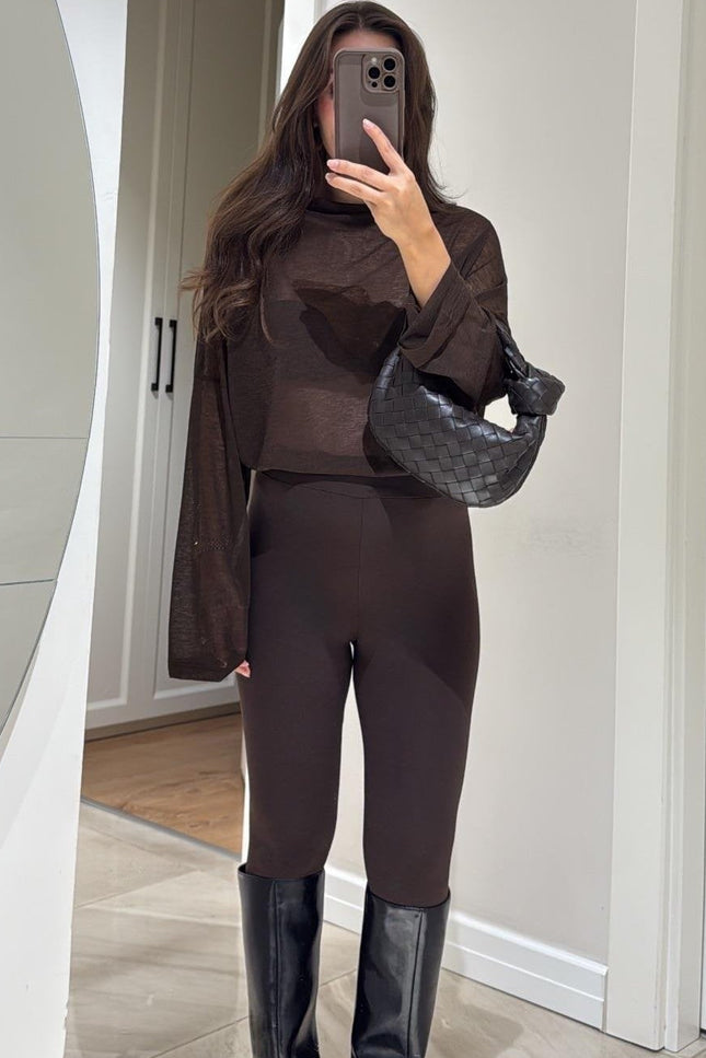 Comfortable Brown Heel Strap Leggings: Elastic Waist, Soft Polyester Blend