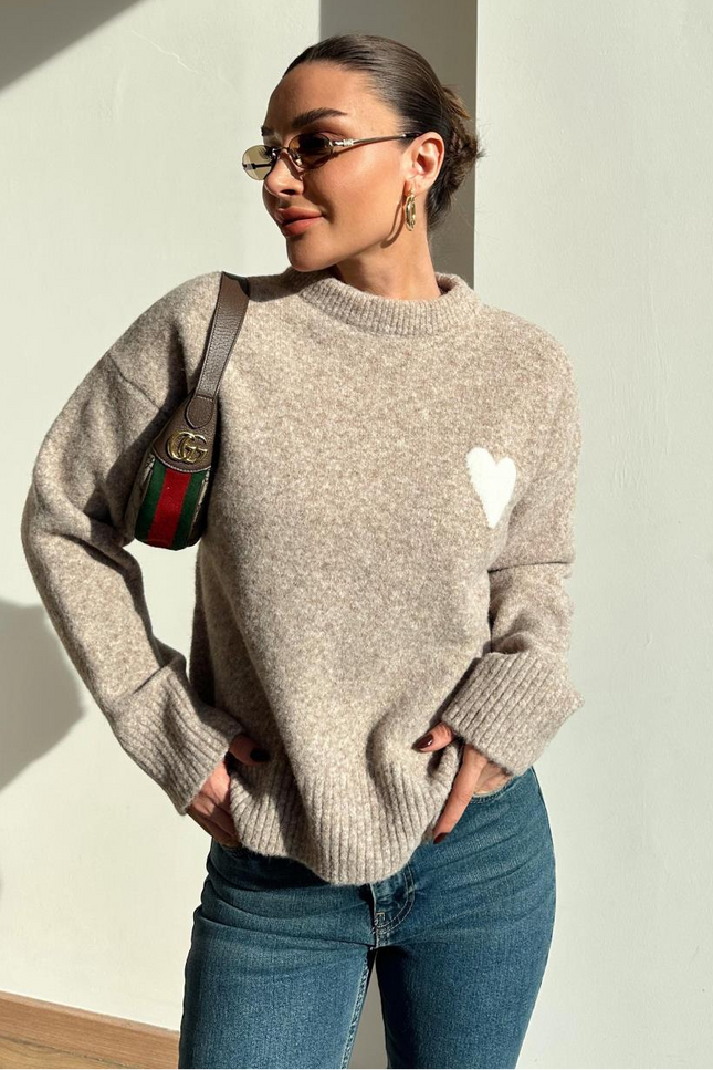 Dilvin Heart Soft Textured Sweater Mink