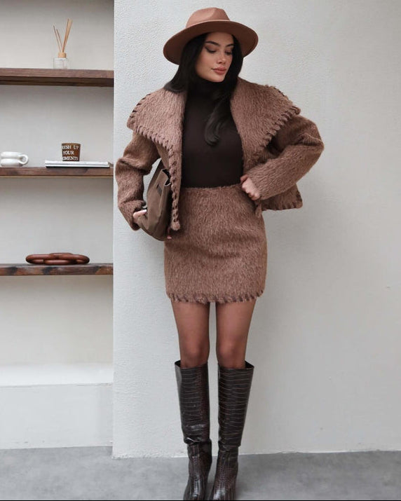 Chic Mink Wool Skirt & Jacket Set