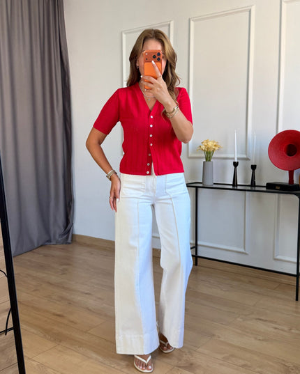Red V-Neck Half-Sleeve Cardigan