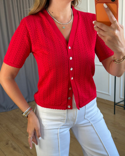 Red V-Neck Half-Sleeve Cardigan