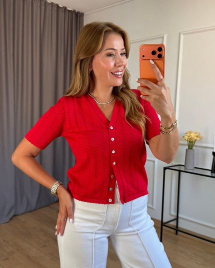Red V-Neck Half-Sleeve Cardigan
