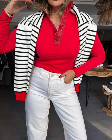 Red Button-Collar Long Sleeve T-Shirt