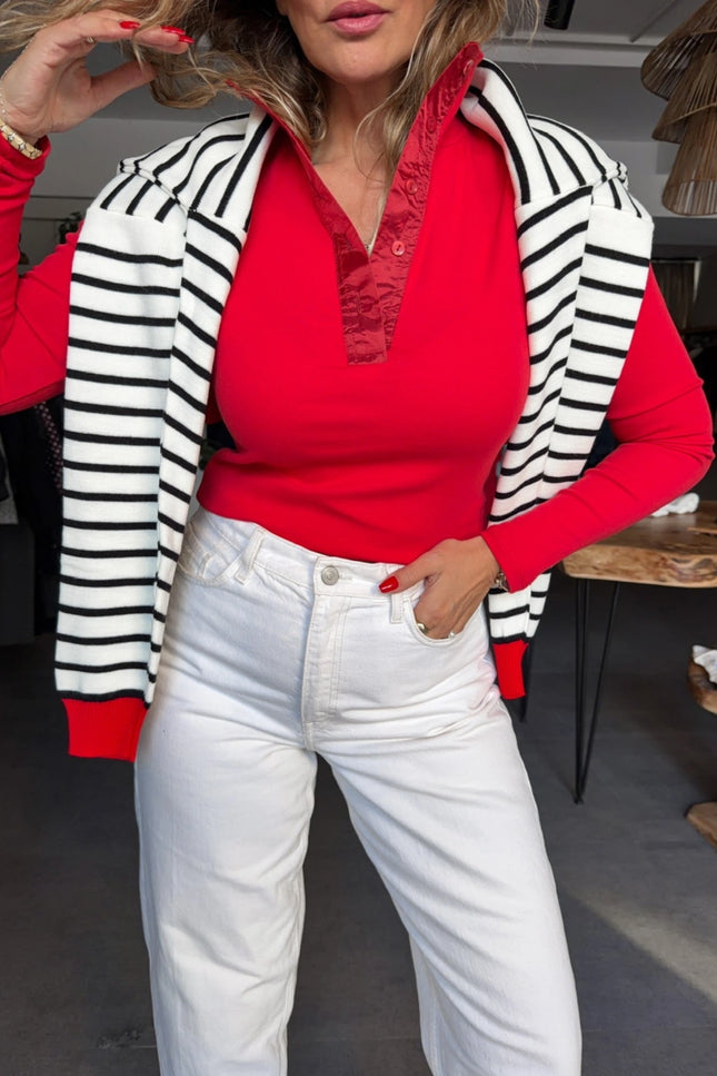 Red Button-Collar Long Sleeve T-Shirt