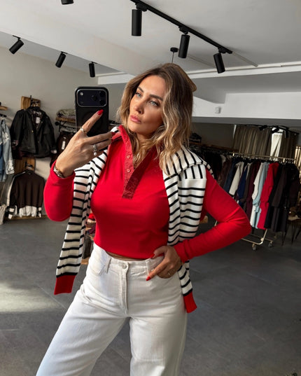 Red Button-Collar Long Sleeve T-Shirt