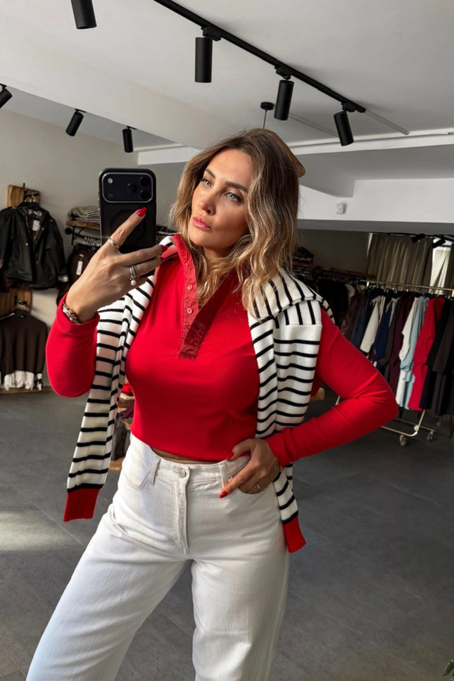 Red Button-Collar Long Sleeve T-Shirt