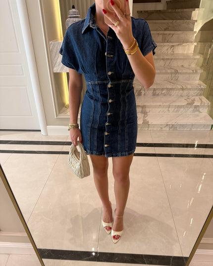 Koyu Mavi Düğmeli Kısa Denim Elbise