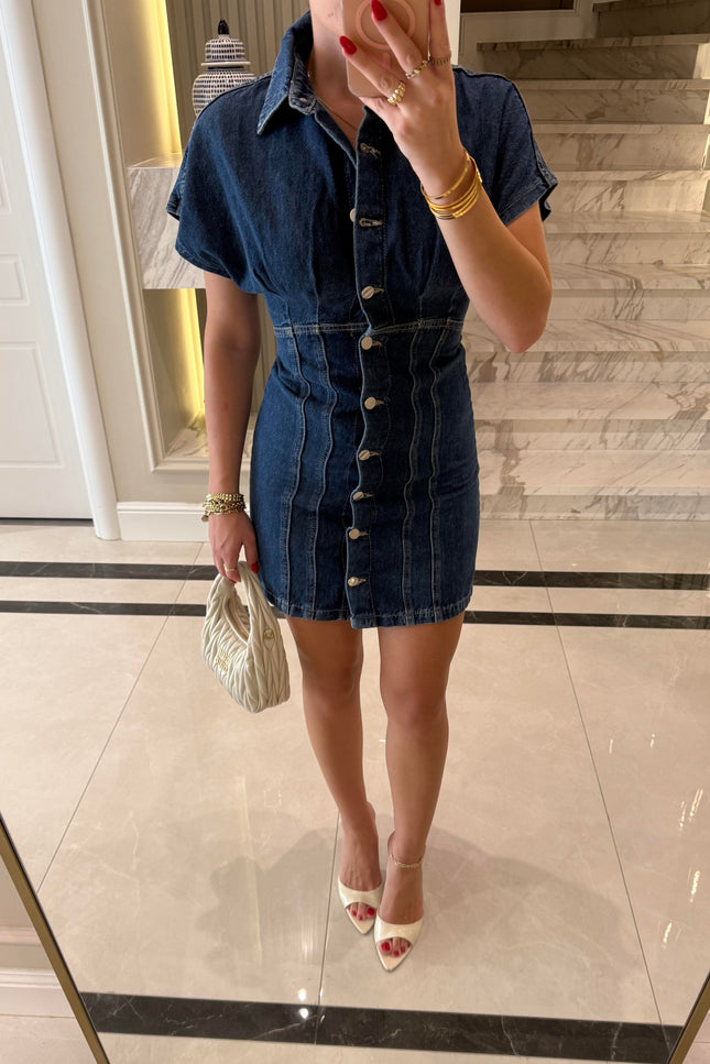 Koyu Mavi Düğmeli Kısa Denim Elbise