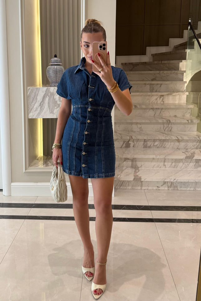 Koyu Mavi Düğmeli Kısa Denim Elbise