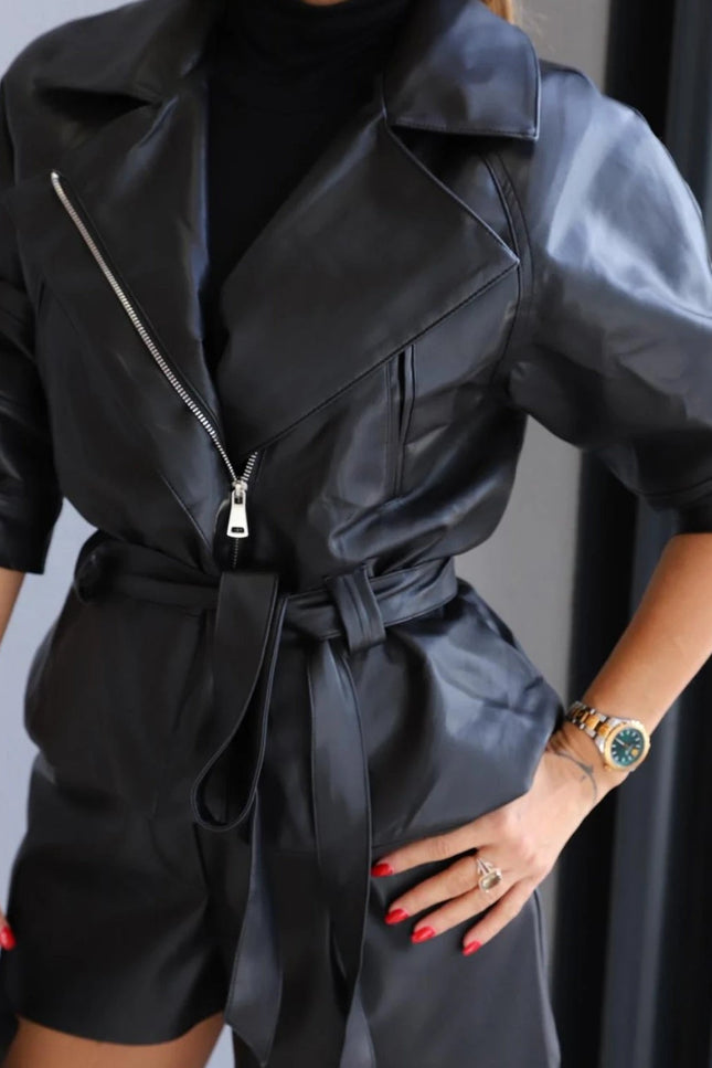 Chic Black Belted Leather Jacket with Asymmetric Zip Detail