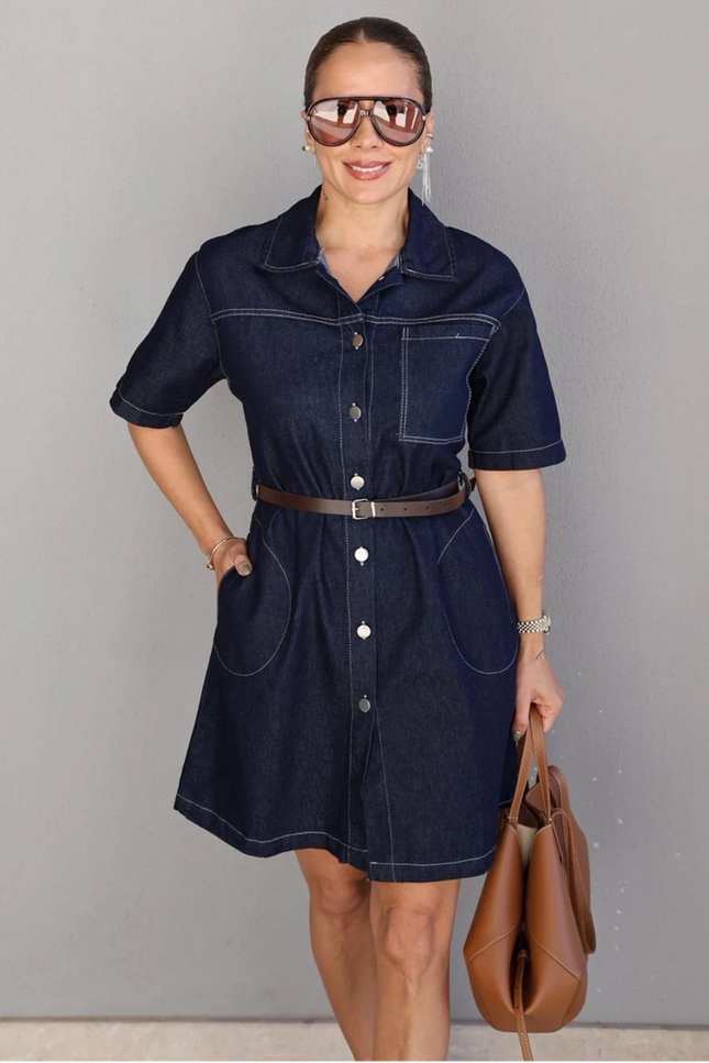 Lacivert Kemerli Mini Jean Elbise