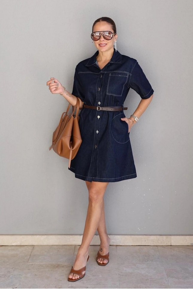 Lacivert Kemerli Mini Jean Elbise