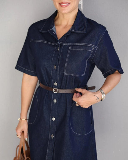 Lacivert Kemerli Mini Jean Elbise