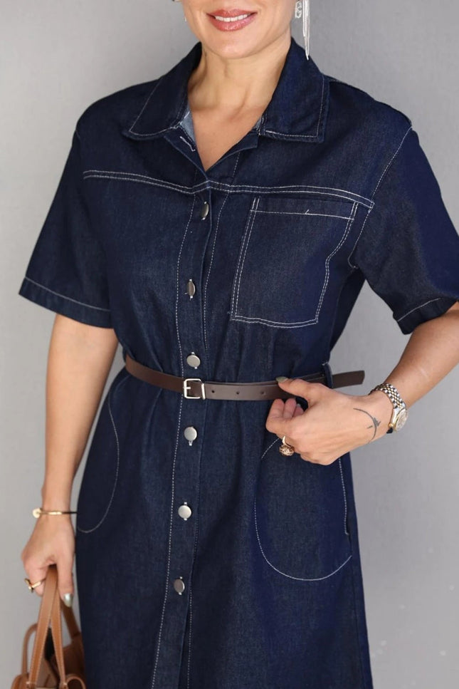 Lacivert Kemerli Mini Jean Elbise