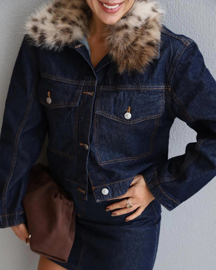 Navy Blue Leopard Faux Fur Collar Denim Jacket - Chic Stylish Outerwear