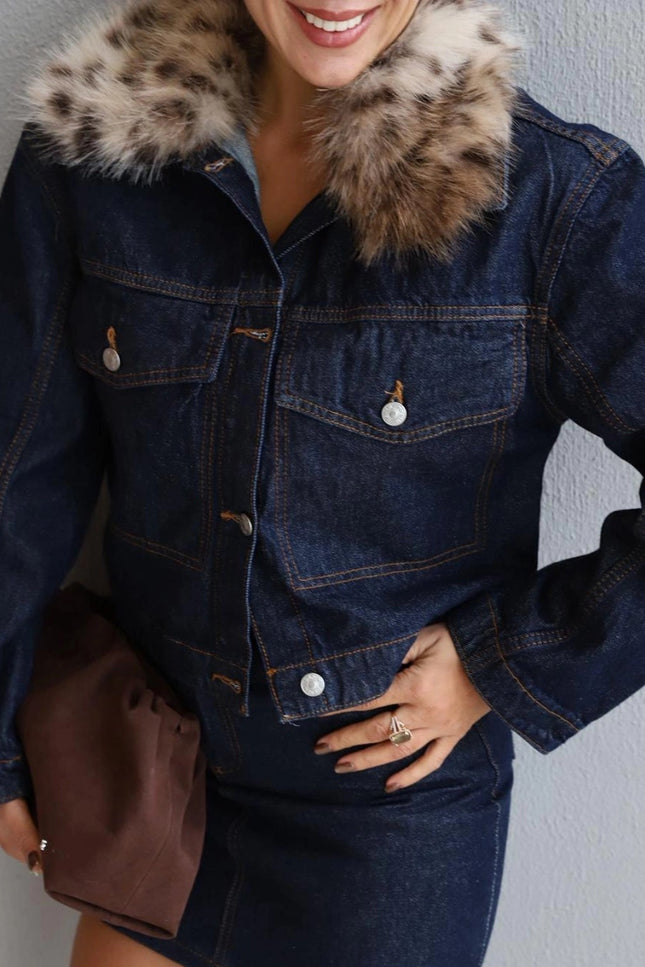Navy Blue Leopard Faux Fur Collar Denim Jacket - Chic Stylish Outerwear