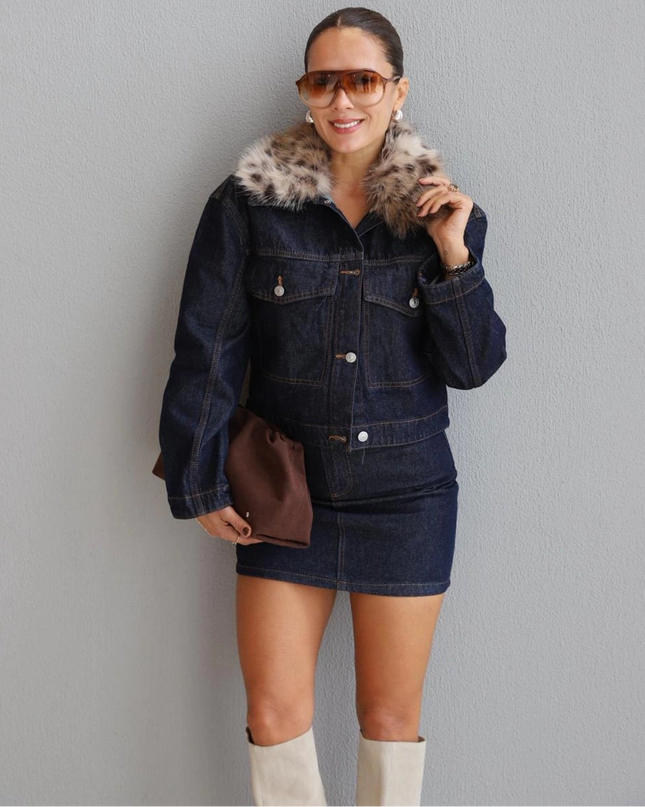 Navy Blue Leopard Faux Fur Collar Denim Jacket - Chic Stylish Outerwear