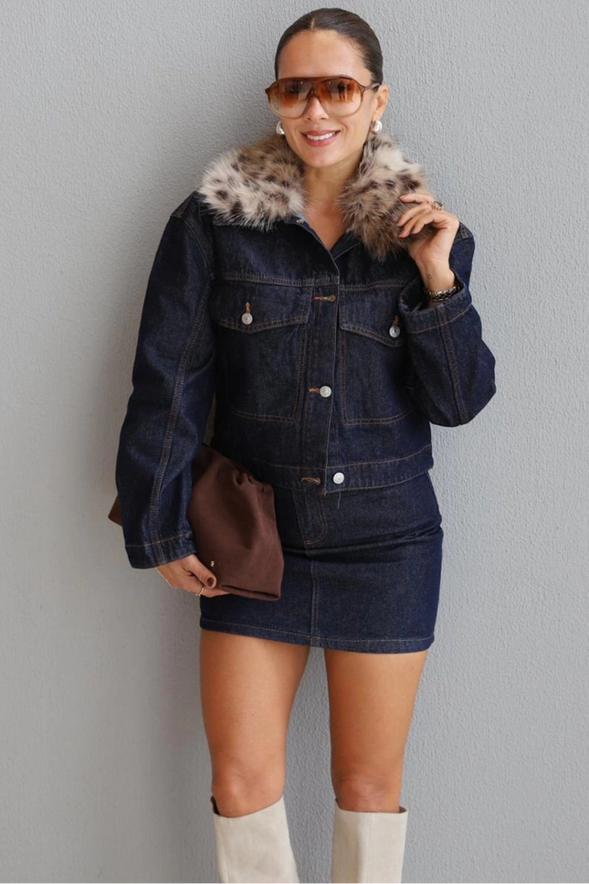 Navy Blue Leopard Faux Fur Collar Denim Jacket - Chic Stylish Outerwear