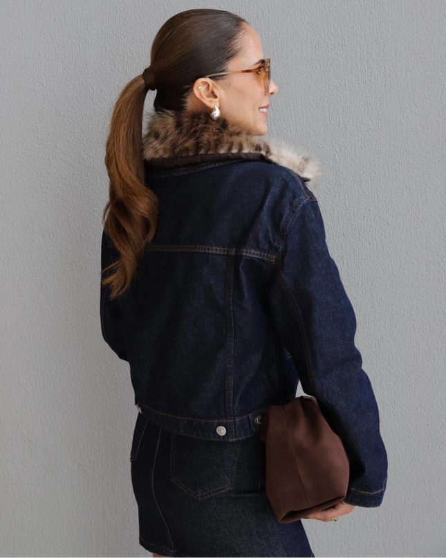 Navy Blue Leopard Faux Fur Collar Denim Jacket - Chic Stylish Outerwear