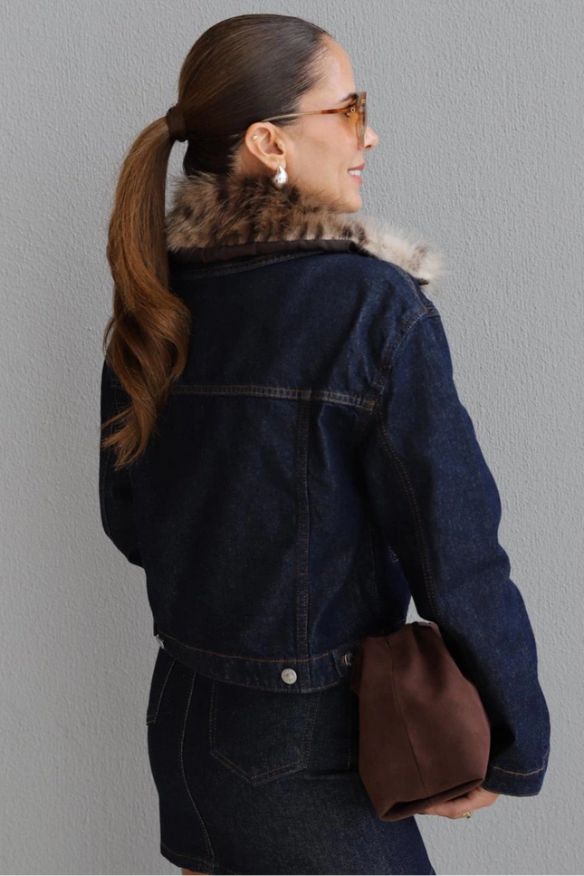 Navy Blue Leopard Faux Fur Collar Denim Jacket - Chic Stylish Outerwear