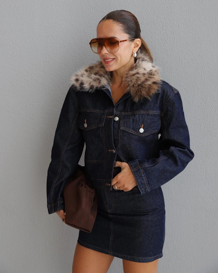 Navy Blue Leopard Faux Fur Collar Denim Jacket - Chic Stylish Outerwear