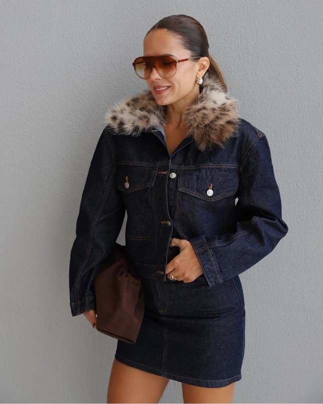 Navy Blue Leopard Faux Fur Collar Denim Jacket - Chic Stylish Outerwear