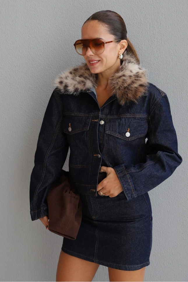 Navy Blue Leopard Faux Fur Collar Denim Jacket - Chic Stylish Outerwear