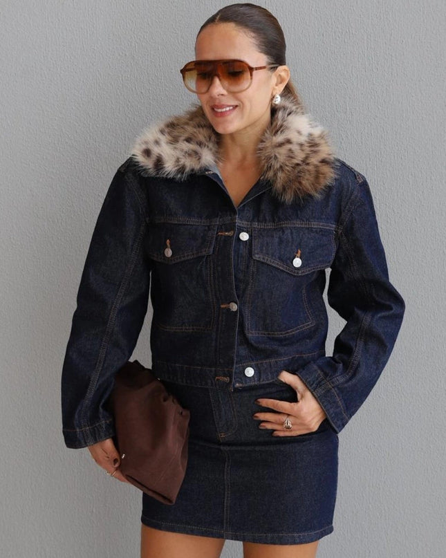 Navy Blue Leopard Faux Fur Collar Denim Jacket - Chic Stylish Outerwear