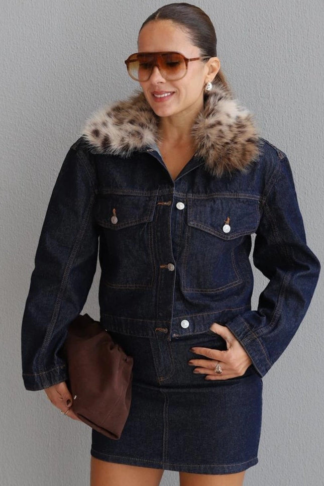Navy Blue Leopard Faux Fur Collar Denim Jacket - Chic Stylish Outerwear