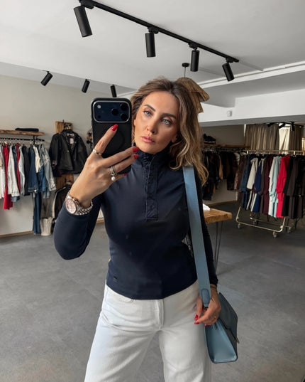 Navy Button-Collar Long Sleeve T-Shirt