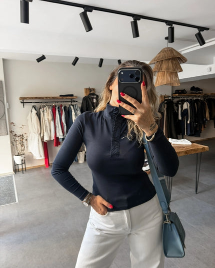 Navy Button-Collar Long Sleeve T-Shirt