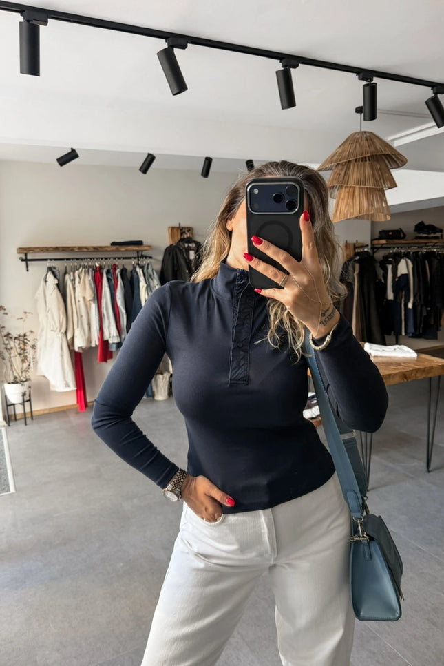 Navy Button-Collar Long Sleeve T-Shirt