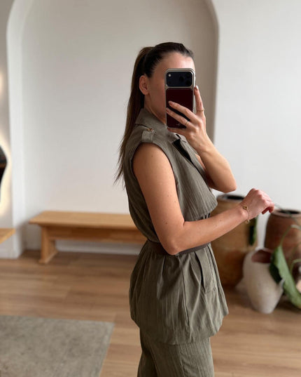 Leoni Haki Kemerli Yelek-Pantolon Takım