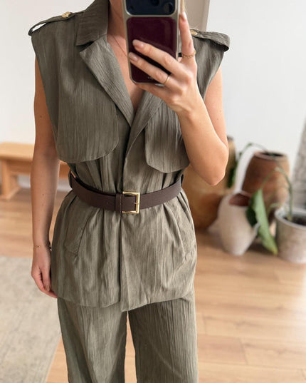 Leoni Haki Kemerli Yelek-Pantolon Takım