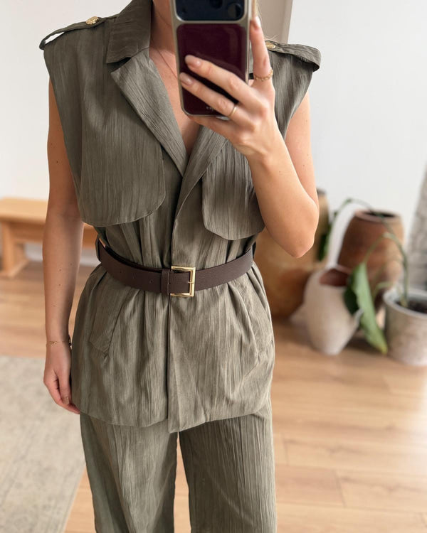 Leoni Haki Kemerli Yelek-Pantolon Takım