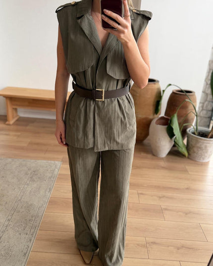 Leoni Haki Kemerli Yelek-Pantolon Takım