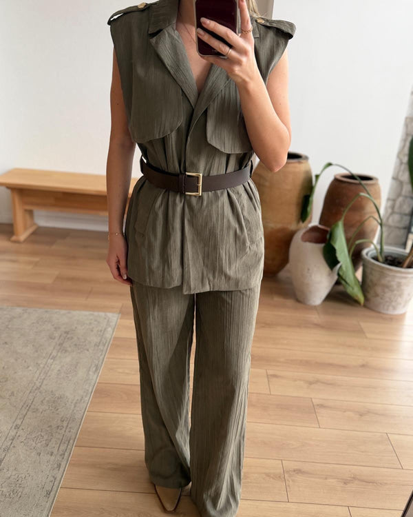 Leoni Haki Kemerli Yelek-Pantolon Takım